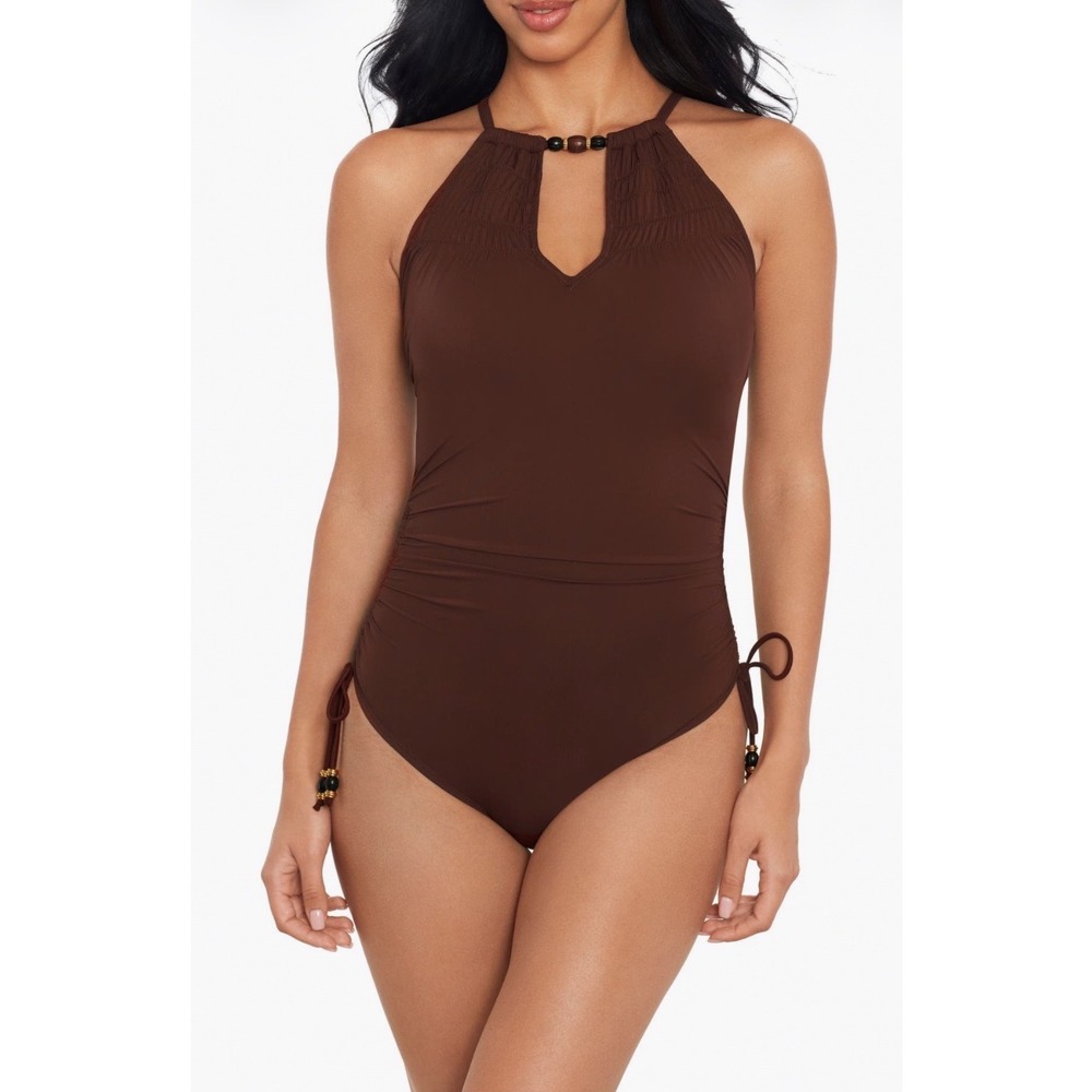 Magicsuit Marley Sachi Ruched Strappy One Piece Swimsuit Brown Beaded Halter 12